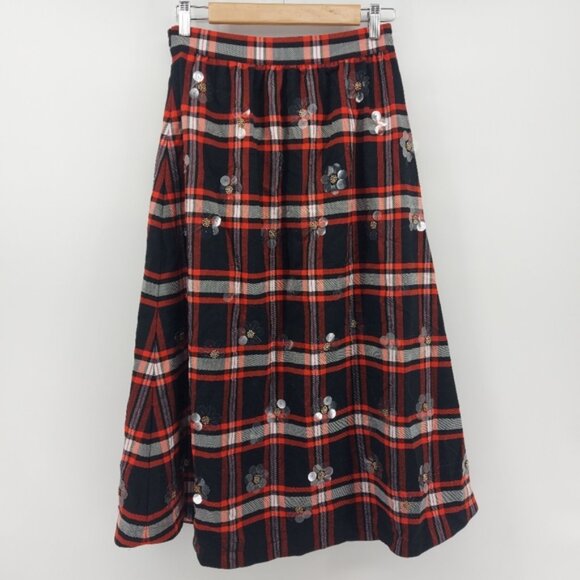 Anthropologie Maeve Embellished Plaid Skirt Black and Red Size 4 - Picture 5 of 10